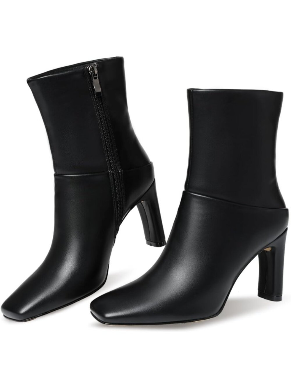 Women's Black Faux Leather Square Toe Short Side Zipper High Heel Ankle Boots